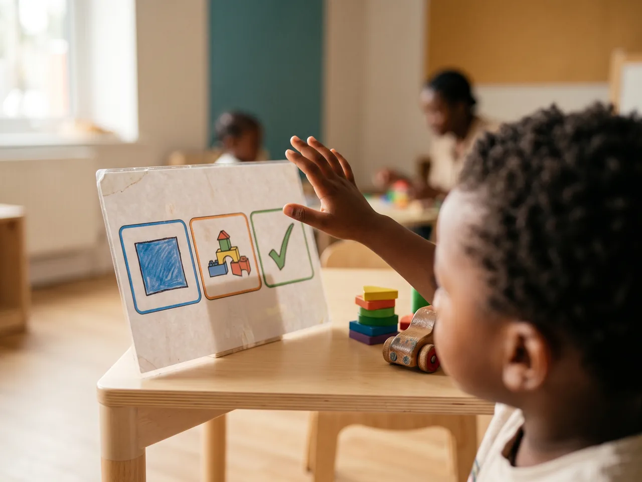 A child points at a propped visual schedule showing simple pictures, with a practitioner beside them and a first-then board on the table.