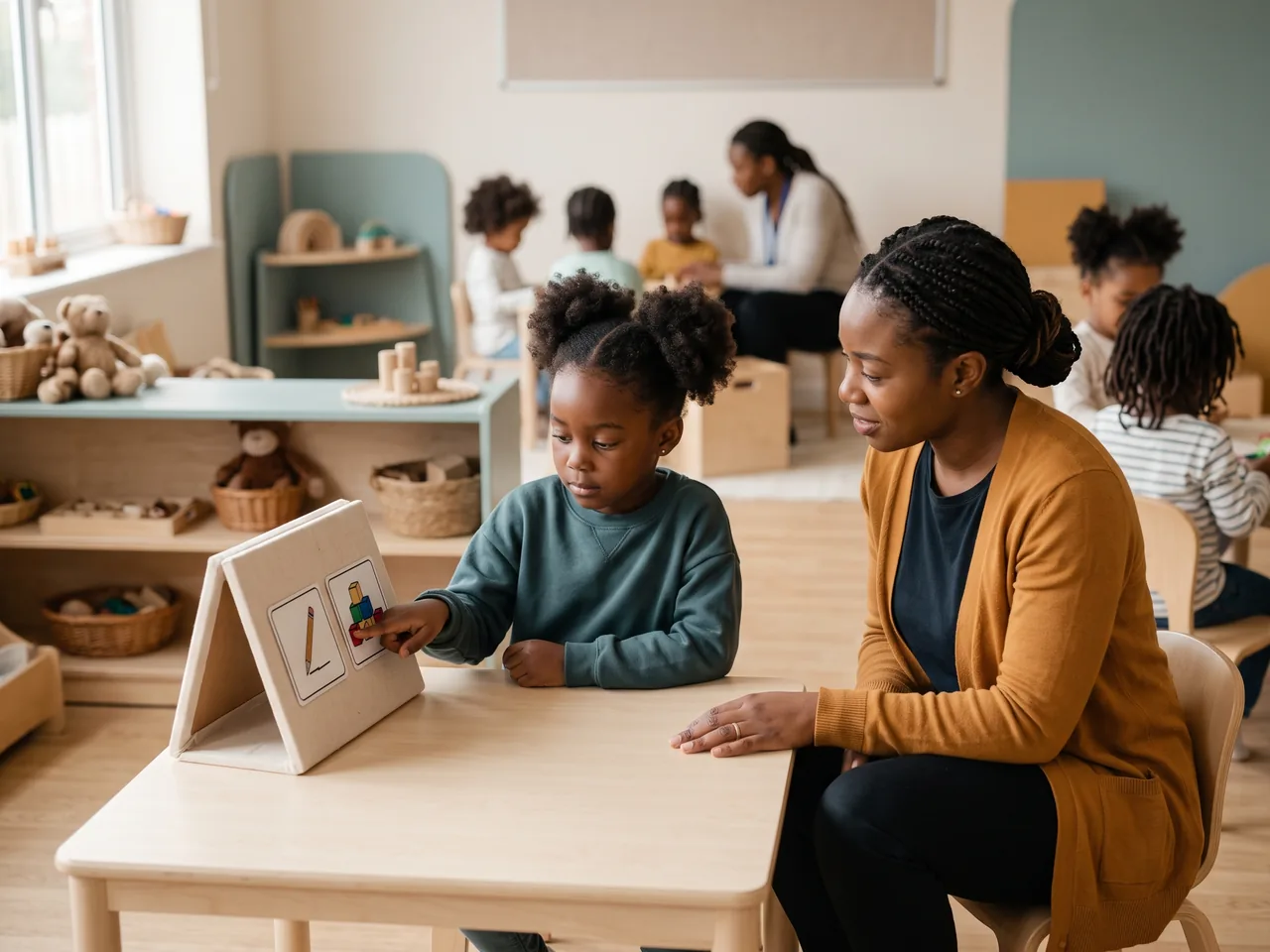 A calm child points to a picture on a propped first-then board while a practitioner sits beside them, with other children in the background.