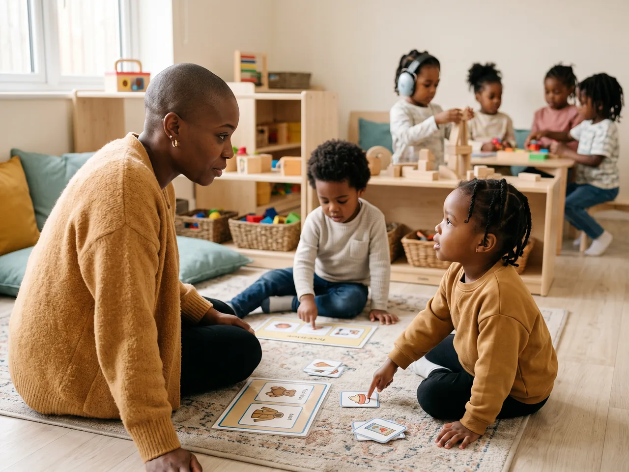 A practitioner sits on the floor facing a child who points at a picture card; another child sits beside them pointing at a first-then board.