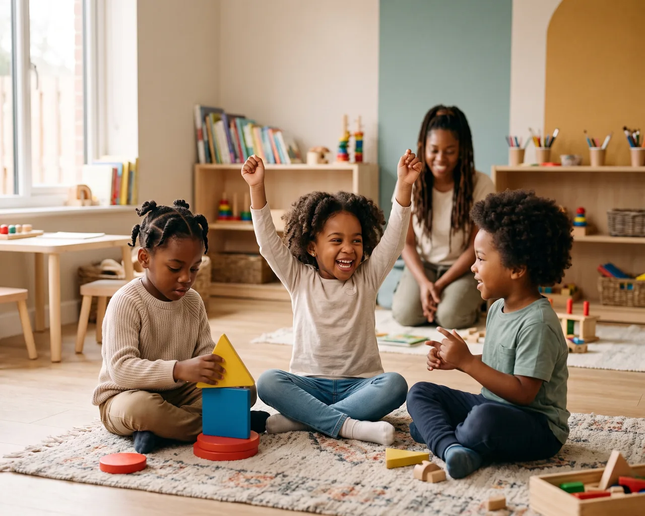 Three children playing together on a nursery rug: one laughs with both arms raised while the others stack shape blocks, and a practitioner watches nearby.
